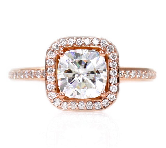 Cushion Moissanite Engagement Ring 14K Rose Gold Diamond Halo Conflict Free Custom Bridal Jewelry