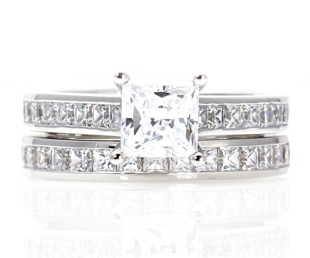 Princess White Sapphire Engagement Ring Wedding Band Sapphire Ring Channel Set Diamonds Custom Wedding Set 14K White Yellow or Rose Gold