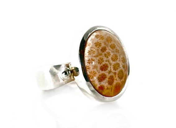 Fossil Coral Ring Sterling Silver Bezel Set Cab .925 Silver Ring Natural Coral Cabochon