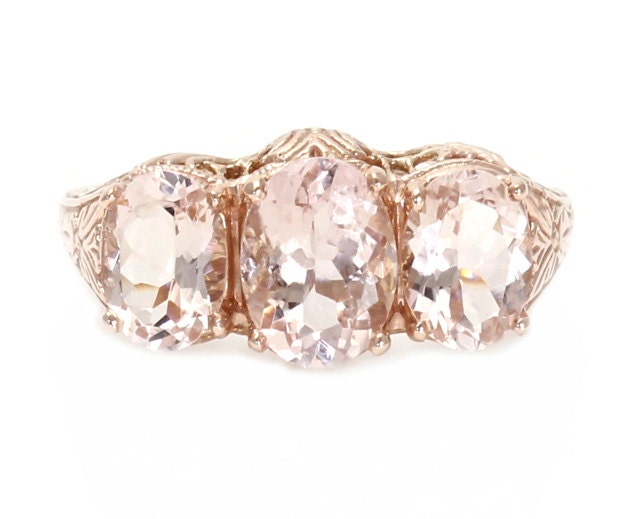 Morganite Ring Art Nouveau 3 Stone Oval Antique Vintage Filigree Floral 14K White Yellow Rose Gold