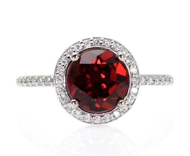 14K Red Garnet Ring Diamond Halo Engagement Ring January Birthstone Ring Custom Bridal Jewelry
