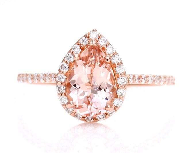 Pear Morganite Engagement Ring 14K Rose Gold Diamond Halo Pear Morganite Ring Custom Bridal Jewelry 18K Platinum Palladium