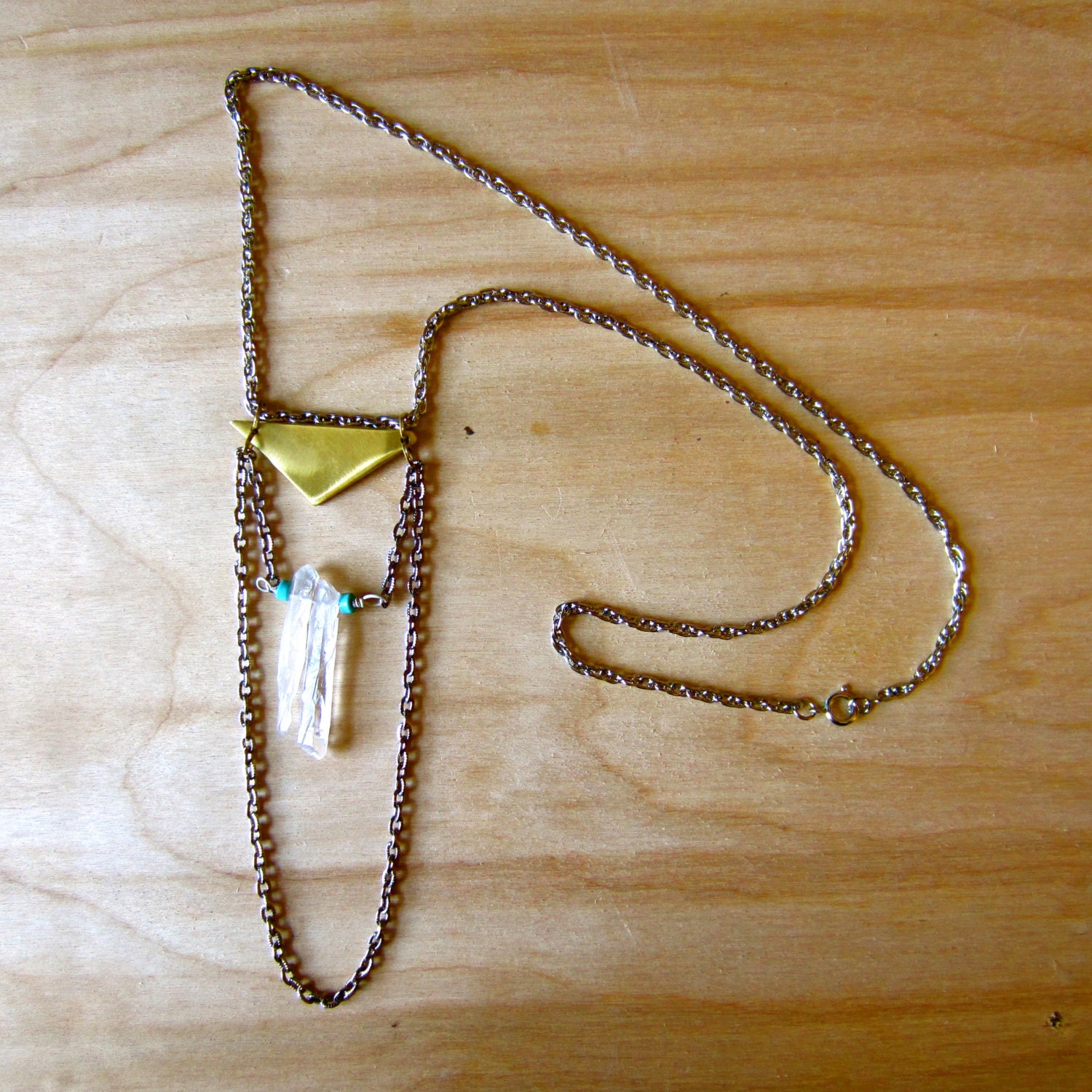 Double Quartz Triangle --- Silver Chain Layers --- Handmade