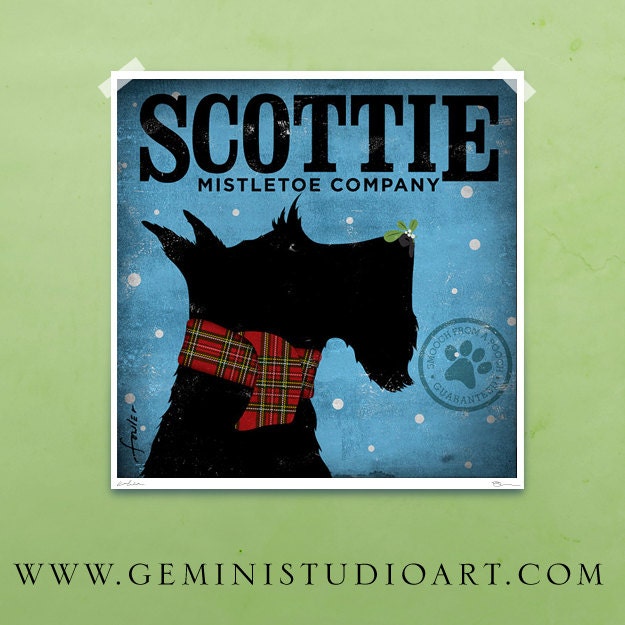 Scottie mistletoe company original graphic art illustration giclee archival signed print 12 x 12 by stephen fowler
