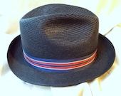 Milan Straw Hat Mens day at the races Navy Blue Straw Fedora sz 7-1/8 made in USA 4th of July Firecracker