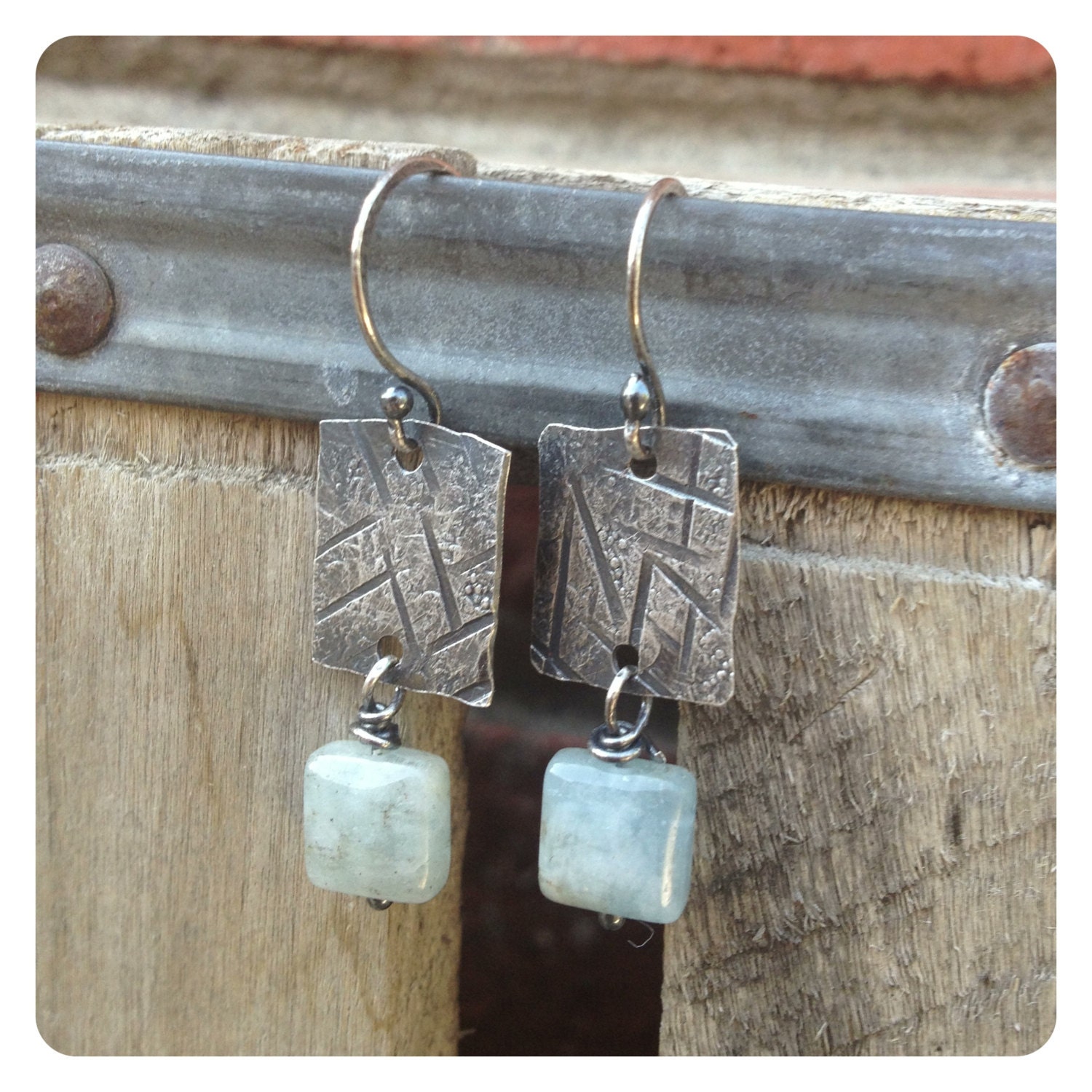 Textured Silver and Aquamarine Dangle Earrings