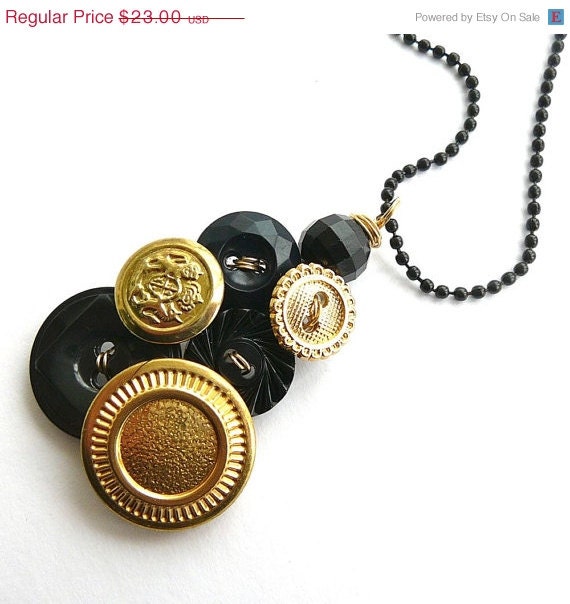 ON SALE Brassy Gold and Black Vintage Button Pendant Necklace,  with Gold Color Wire