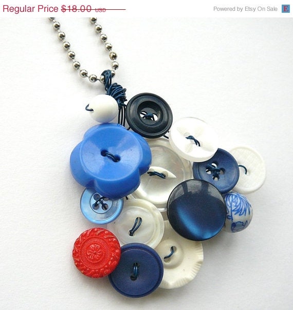 ON SALE Button and Bead Jewelry - Blue and White Pendant with red accent