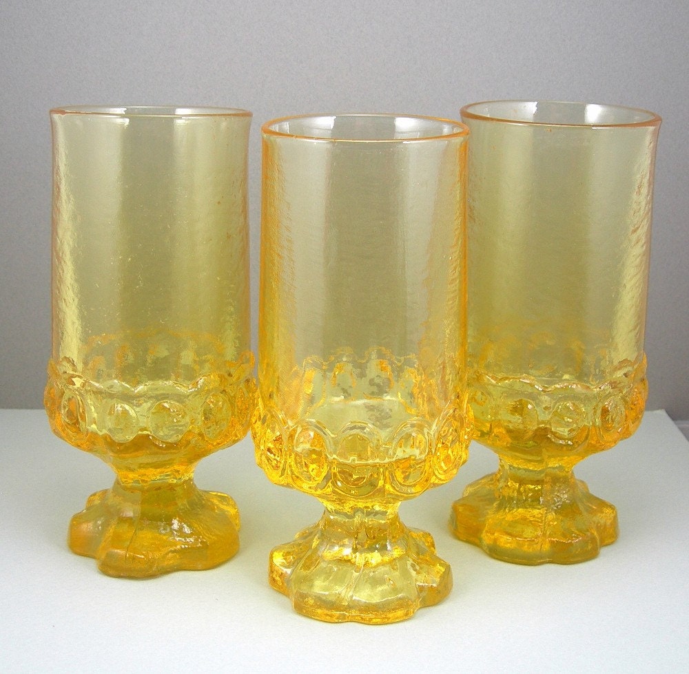 Franciscan Crystal Iced Tea Glasses Maderia (3) Cornsilk Yellow 12 Ounces 6-1/2" Tall Vintage Circa 1970s Spanish Kitchen Glassware