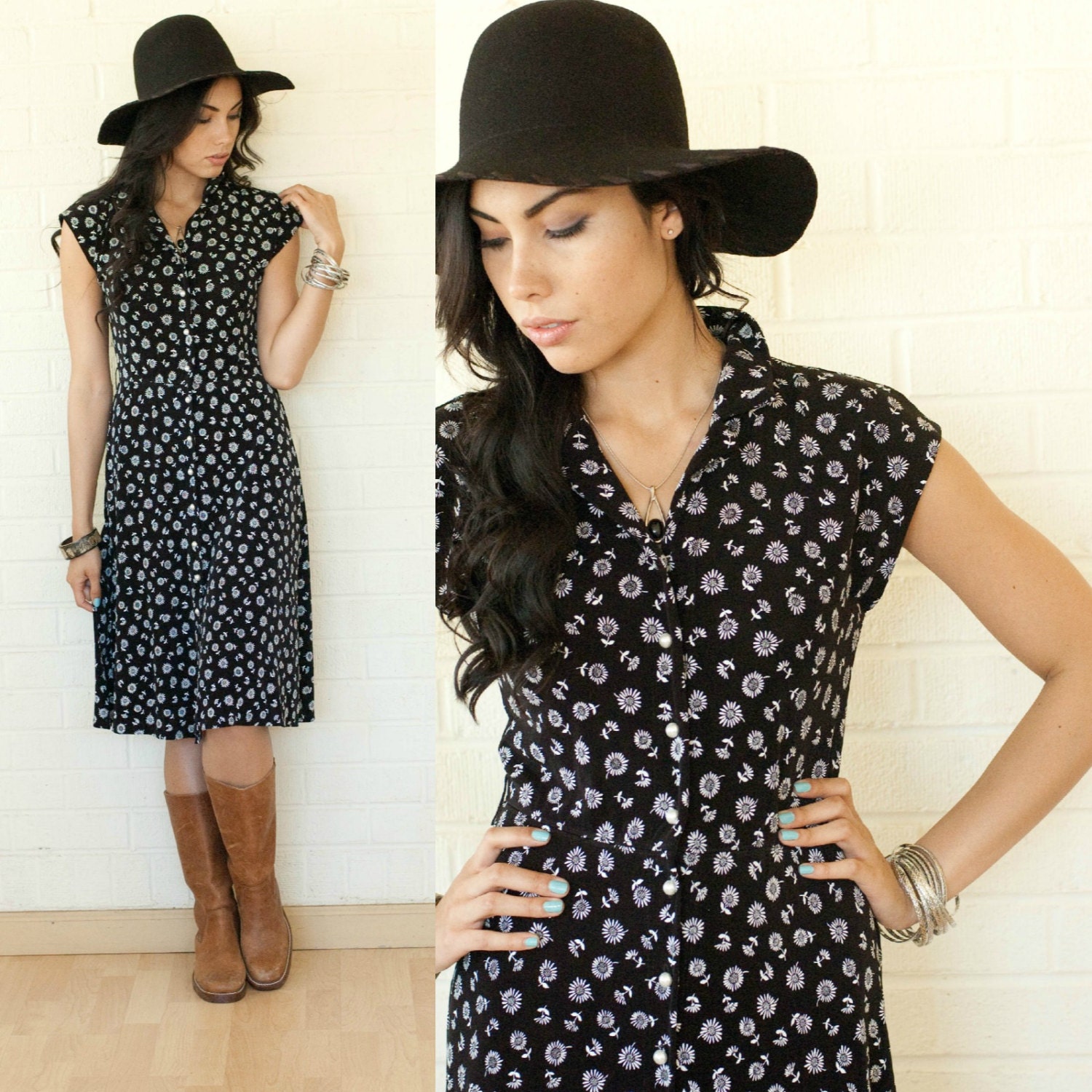 Pretty 90s Vintage Black Stretchy White Daisy Pattern Day Dress S