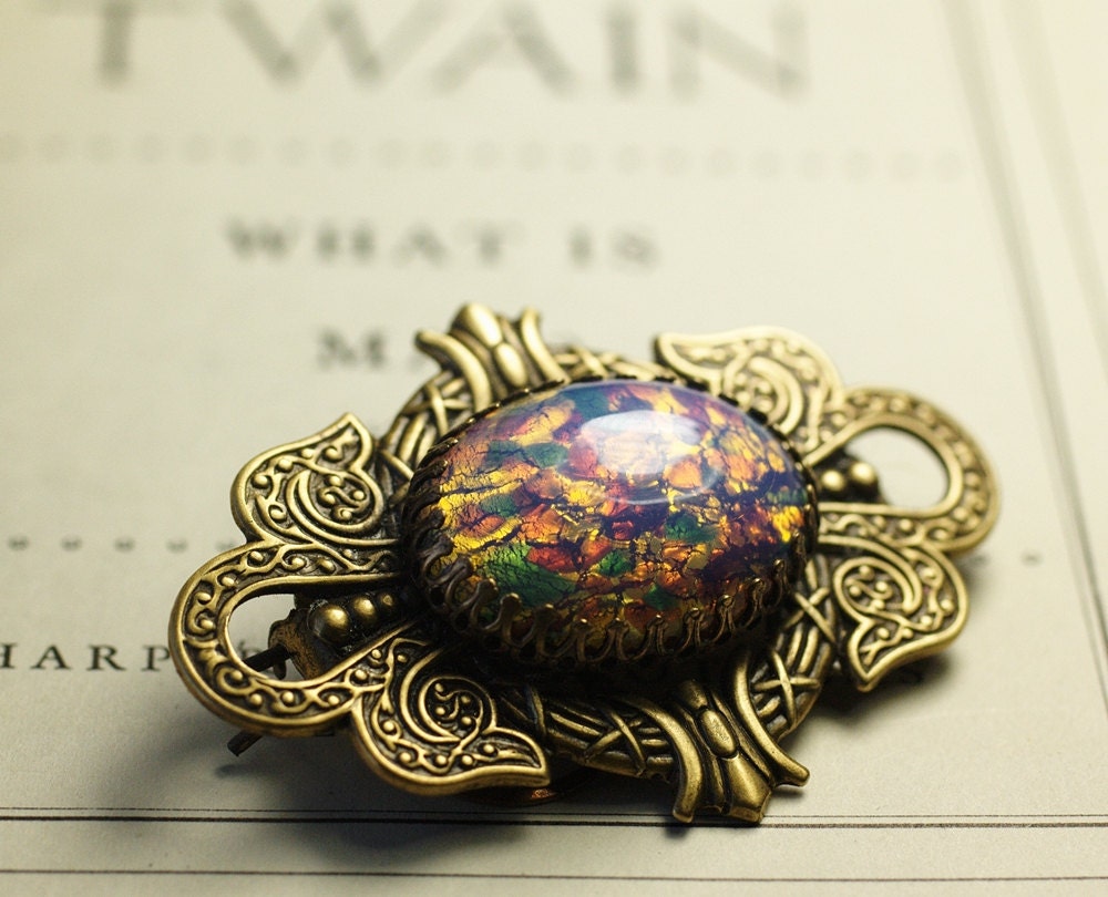 Victorian fire opal barrette filigree brass vintage glass bridal