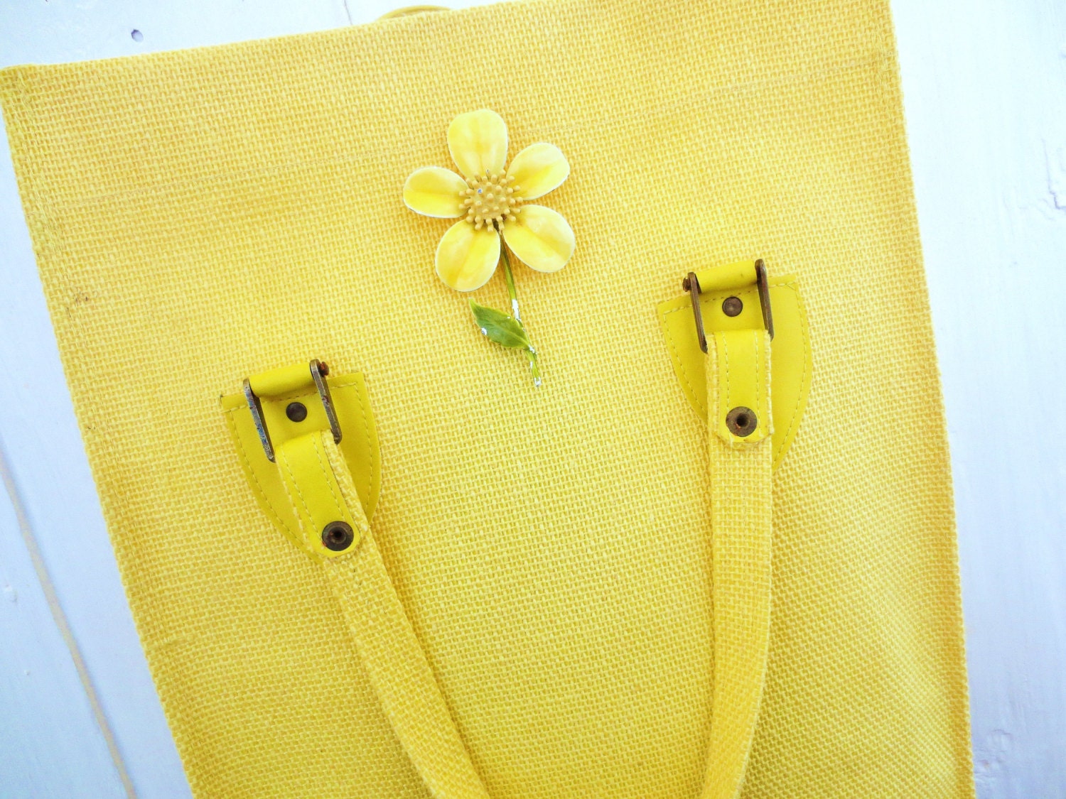 Sunshine Daydream... Vintage Boho Sunny Yellow Market Tote Bag Purse with Flower Enamel Pin Brooch