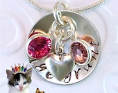Hand Stamped Jewelry Bride Necklace  Personalized  3/4" Sterling Silver Disk Birthstone Puffy Heart Charm Mommy Grandmother Mothers
