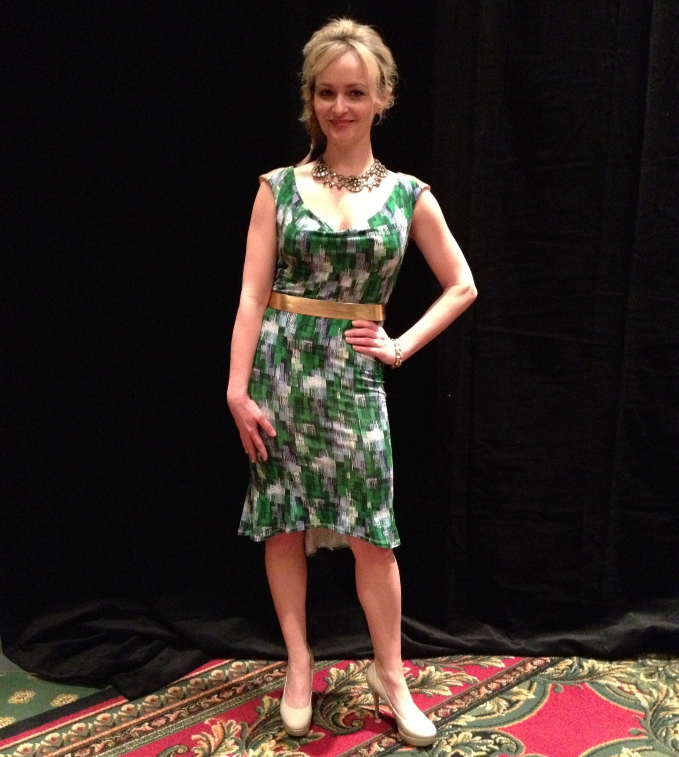 SALE sequin shoulder cowl neck dress, green print/gold, SIZE SMALL