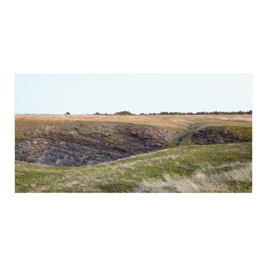 Newfoundland Photography, Rolling Green Grass Hills, Atlantic Canada, Maritimes, Bell Island, Shale Cliff, Field Panorama - Romp 8x16
