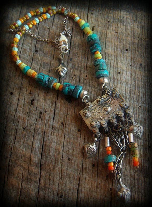 Authentic Vintage Kuchi Pendant with Turquoise and African Glass Beaded Necklace