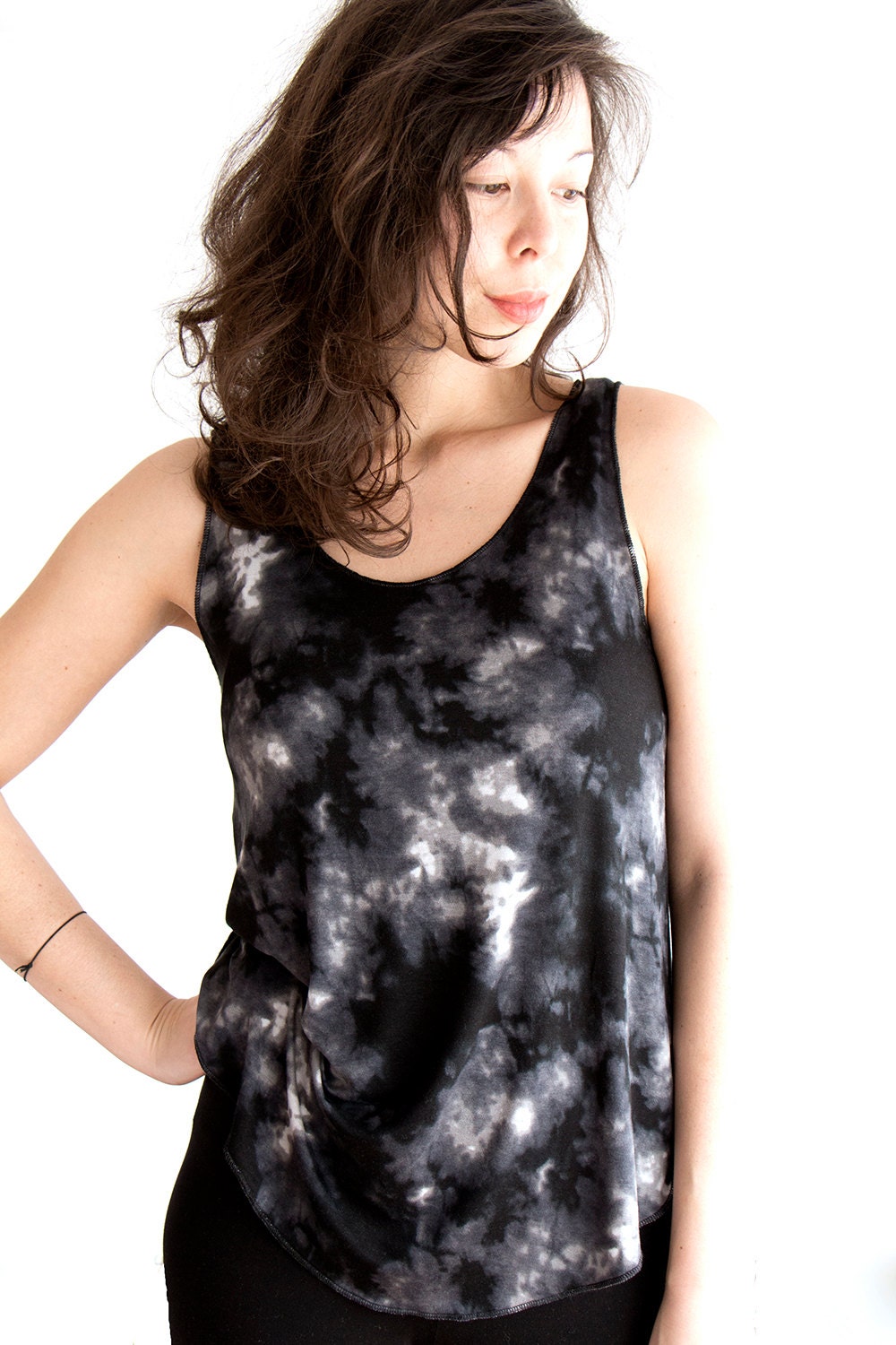 Tank Top with Scoop Hem Black Tie Dye