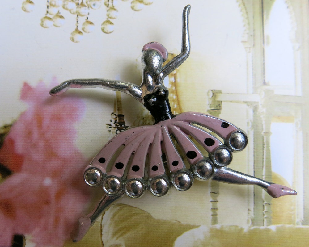 Vintage Enamel Ballet Dancer Brooch, Pink & Black, Costume Jewelry, circa early 1950s pin ... TREASURY ITEM
