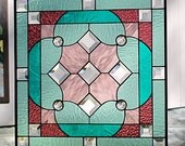 Sea Green Teal Purple Stained Glass Beveled Hanging Panel