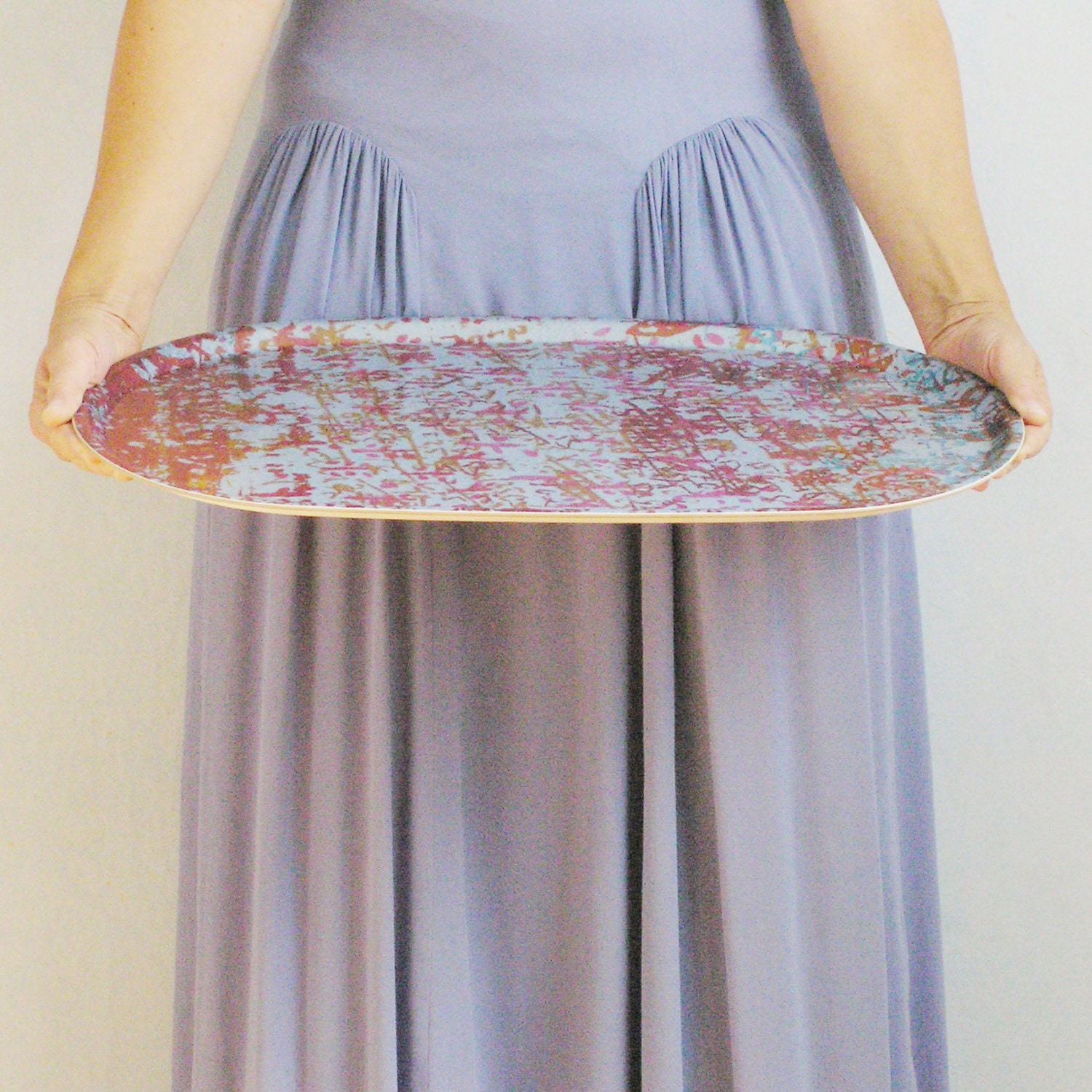 Serving Tray  -  big oval wooden tray - blue  vine red -  sale