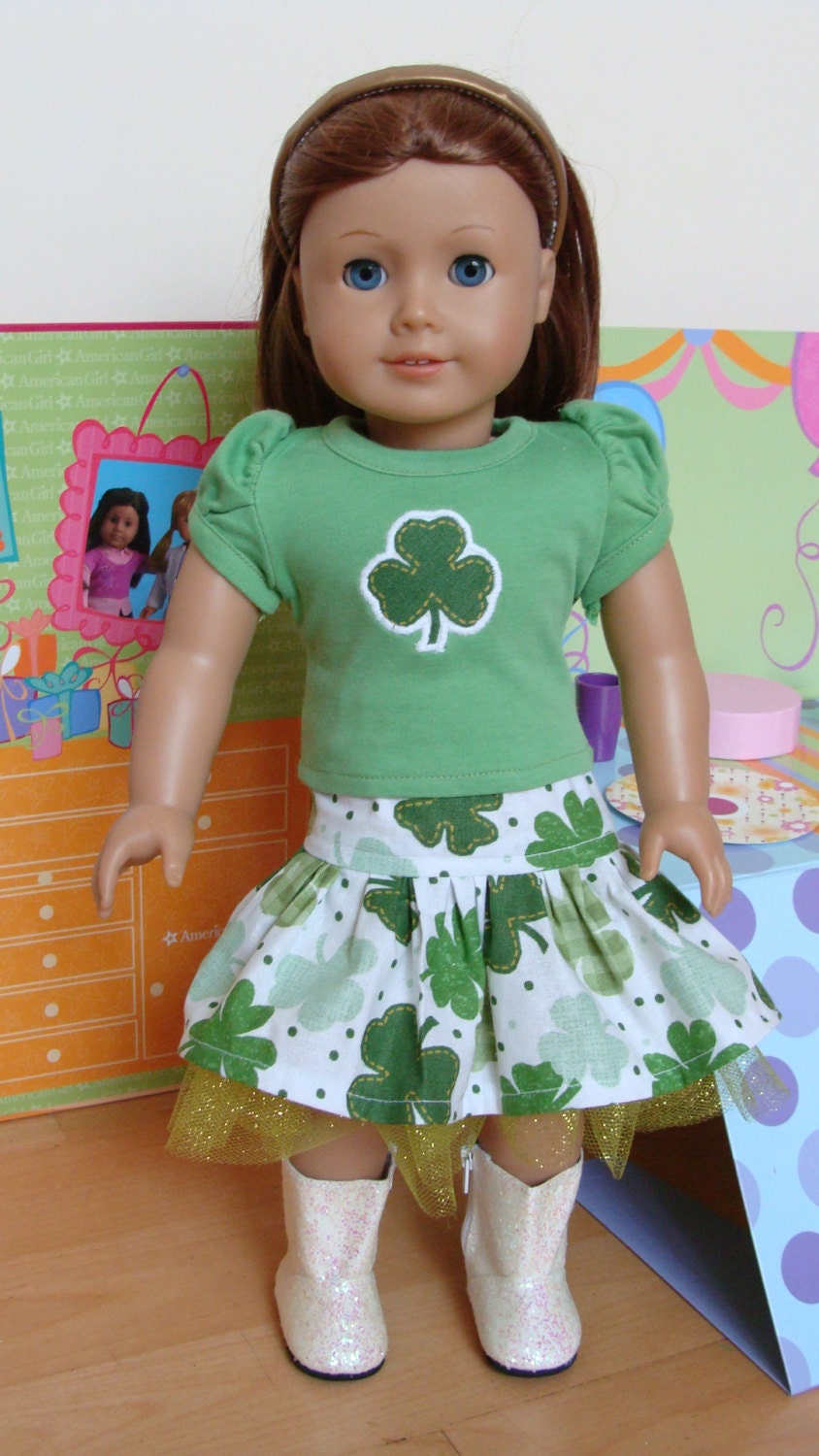 American Girl 18", Twin, Bitty 15 inch Doll, St Patricks Day 2 pc Set, Clover Applique Top & Glitter Tulle Clover Skirt