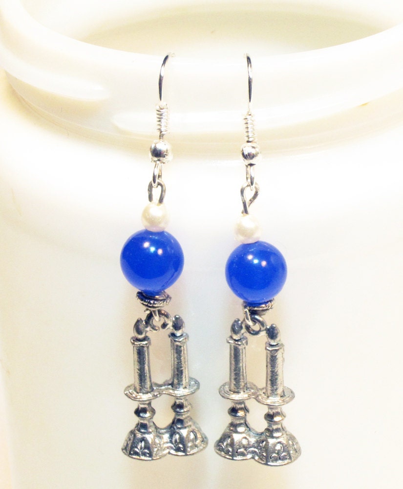 Jewish Earrings Sabbath Candle Blue Judaica Earrings