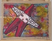 Original Star Painting Drawing on Handmade thick kraft Paper Upcycled Recycled