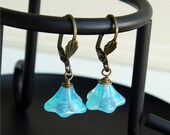 SALE Antique Brass Earrings - Aqua Blue Opal Trumpet Flowers