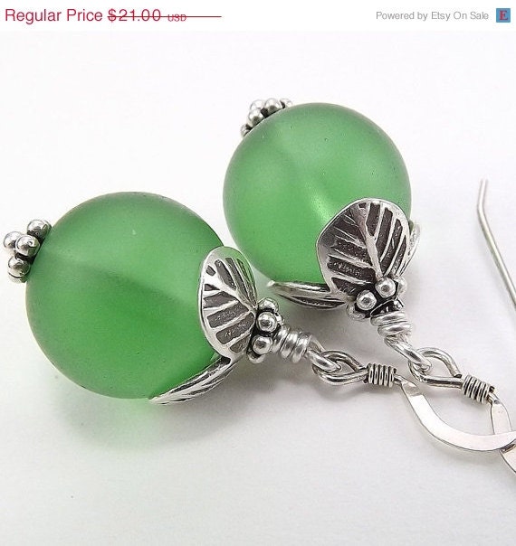 SALE Sterling Silver Earrings with Green Frosted Beach Glass Rounds