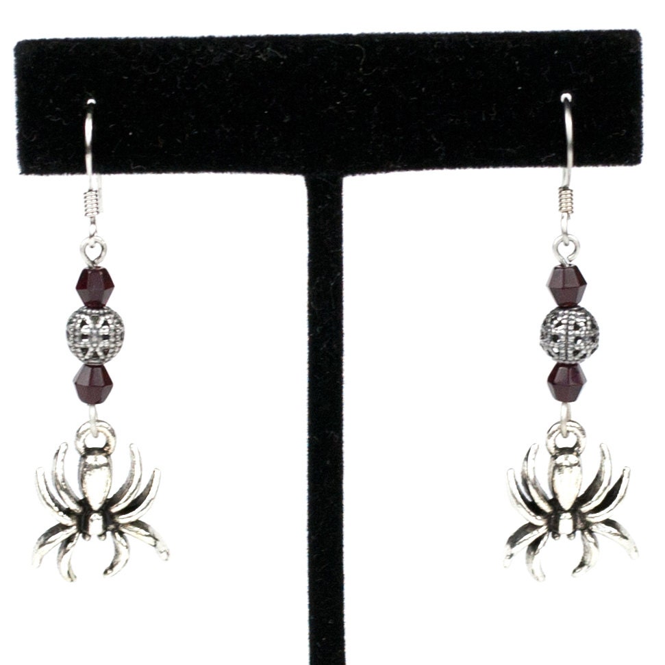 Steampunk Antiqued Silver Spider Earrings with Filigree and Vintage Dark Red Garnet Crystal Beads by Velvet Mechanism
