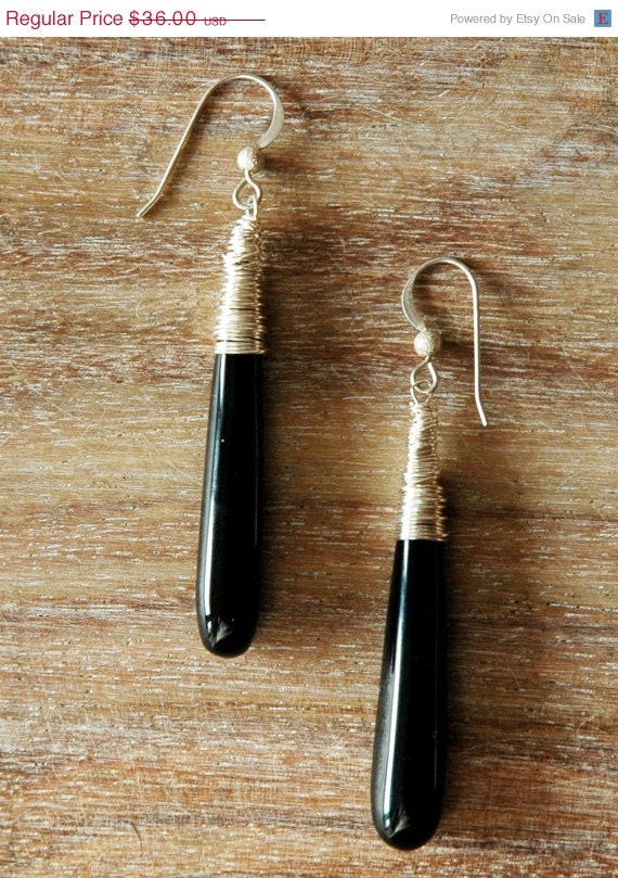 Summer Sale 10% Off Sterling Silver Wire Wrapped Earrings with Black Onyx Gemstones Pendants