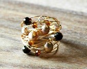 Summer Sale 10% Off Size 8 Wire Wrapped Ring with Gold Wire Freshwater Pearls and Black Diamond Swarovski Crystals and Various Czech Glass