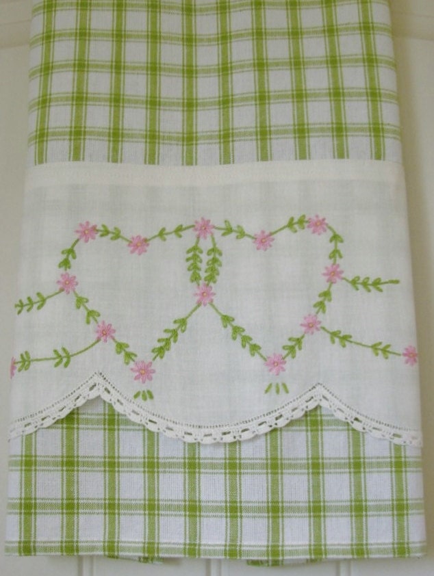 Recycled Vintage Pillowcase to Upcycled Tea Towel - Connected Hearts - Homespun Home Decor