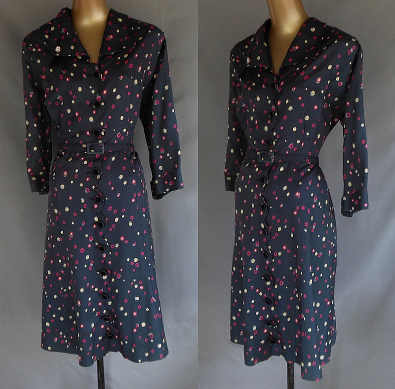 Vintage 40s Shirtwaist Dress - 1940s Abstract Print Rayon Swing Dress by Puritan Forever Young  - Original Belt - Size L to XL