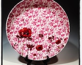 Poppy platter with layers of decals and red flowers