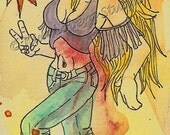 Hippie 70s Girl Retro Sun peace sign Art ACEO Kim Loberg Original Purple Fringe