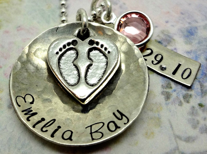 Hand Stamped Necklace - BABY Feet & Date - Birth Adoption Personalized Custom Sterling Silver Jewelry Handstamped - Mothers Day Jewelry