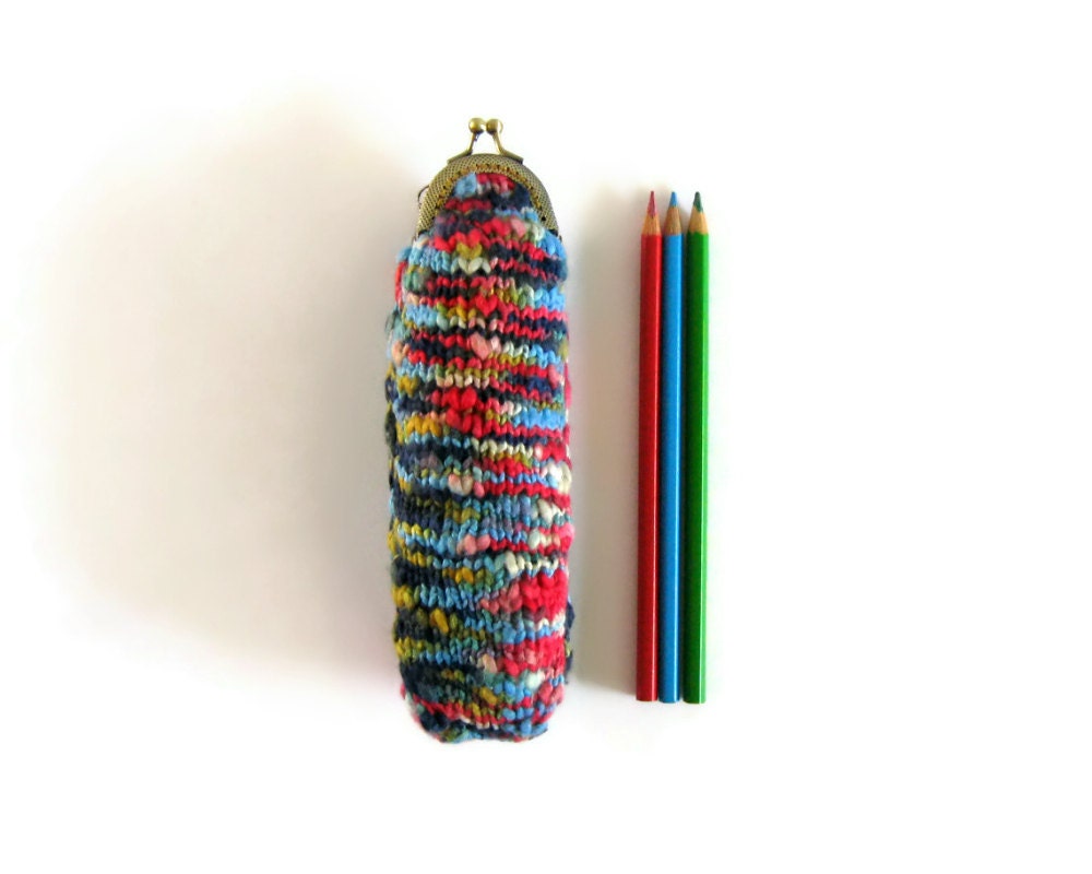 Pencil Pouch Knitted in Variegated Multicolor Cotton