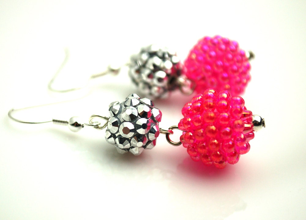 Bright Pink and Silver Rhinestone Berry Earrings Buy 3 Get 1 Free