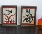 Vintage Asian Style Embroidered Bird and Tree Blossoms Pictures Wall Hangings