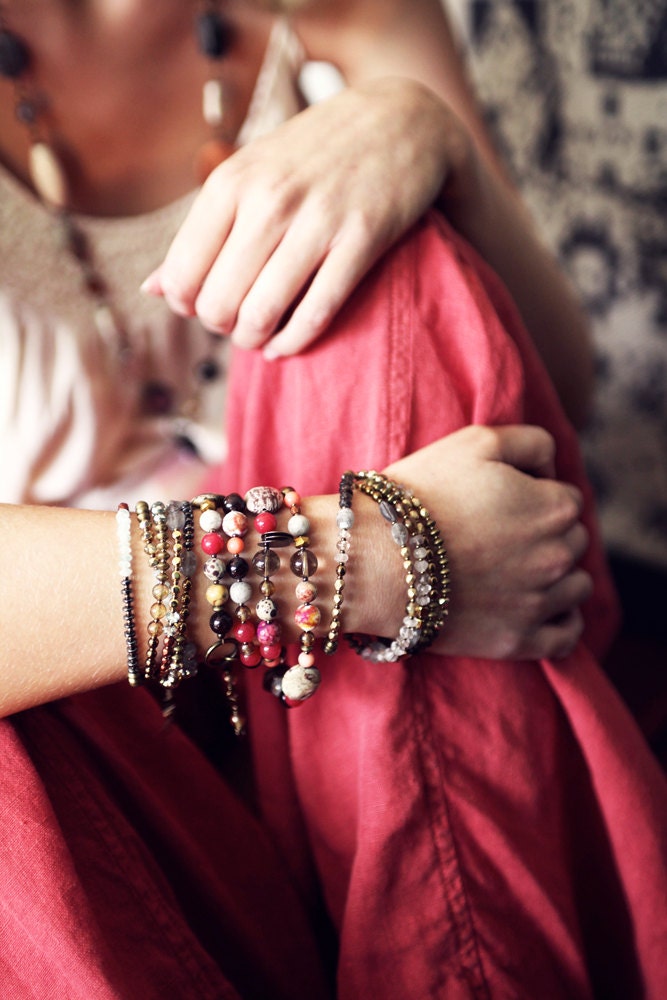 Graciela Wrap Bracelet (Pink/Coral) - Ruby Jade, Coral, Smoky Quartz, Garnet
