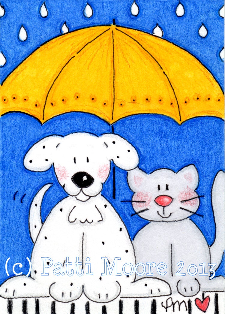 ACEO Original Illustration - Folk Art - Cute Whimsical - 2.5" x 3.5" - Rainy Day Friends