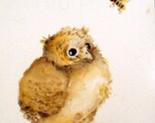 Owl baby watercolor painting original art Bird and Bee - free shipping within continental USA