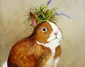 Bunny rabbit painting art  still life with lavender FREE USA shipping