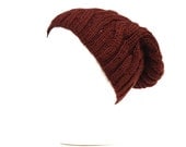 Hand Knit Warm Slouch Beanie - Acrylic Yarn - Chocolate Brown