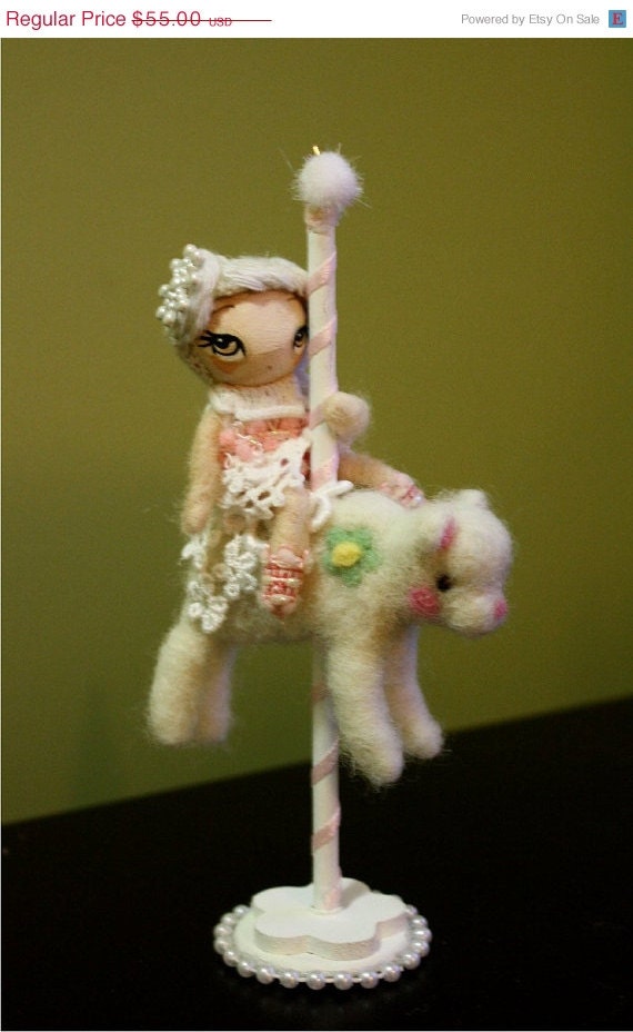 Needle Felted Carousel White Bear And OOAK Doll Rider