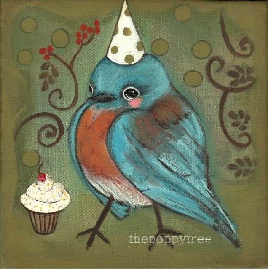 Blue Bird Painting Bird Art Party Hat Cupcake Original Painting 6 x 6