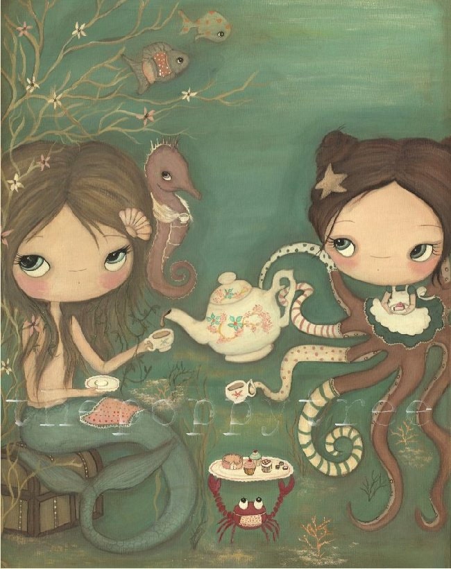 Mermaid Print Octopus Art Apron Cakes Seahorse---Tea Under The Sea LARGE PRINT 11 x 14