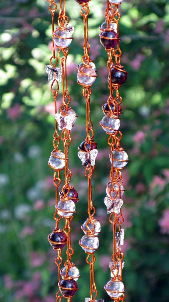 Amethyst and Lilac Suncatcher with Copper Wrapped Glass Marble Prisms and Amethyst Swirl Glass Butterflies