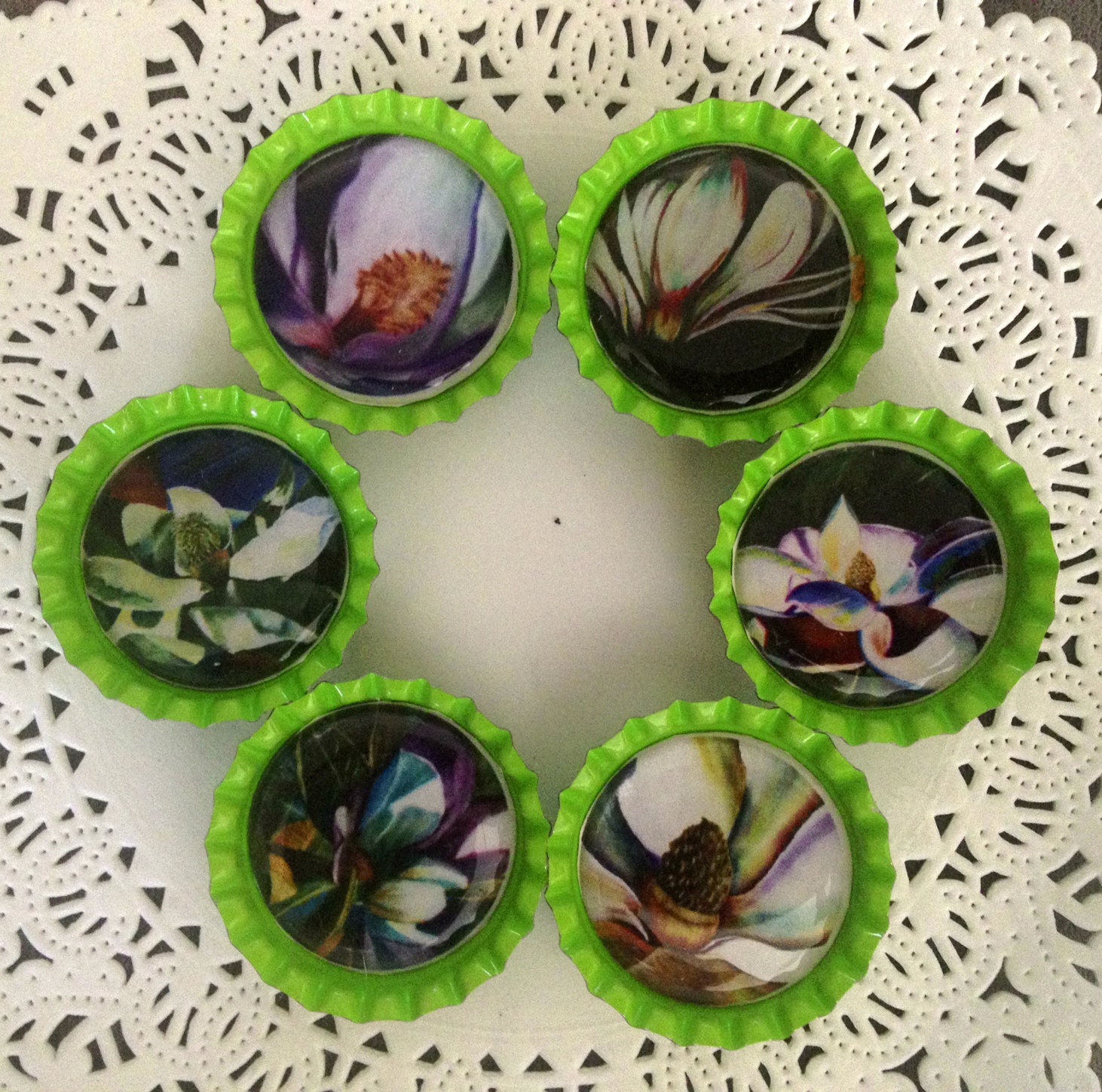 6 MAGNETS Bottlecap lime green flowers rose Iris Magnolia buds lillies white purple leaf leaves